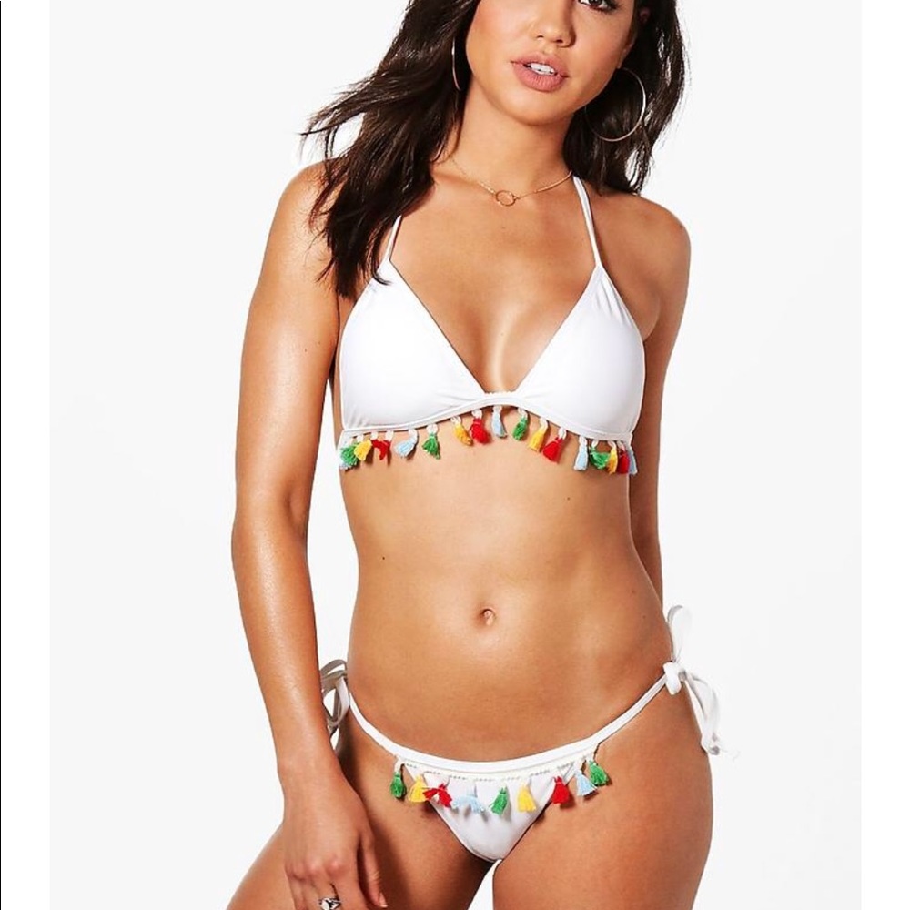 Boohoo | Tassel Trim Triangle White Bikini
